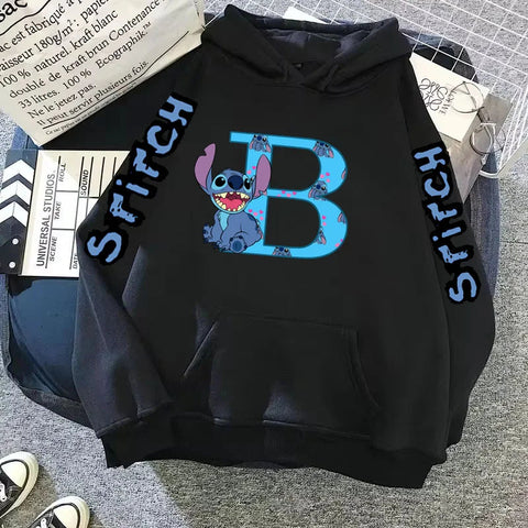 2024 Women's Winter Jacket Cute Kawaii Disney Lilo & Stitch Lucky Letter Print Black Hoodie Fashion Couple Streetwear Sportswear Zen fit plus
