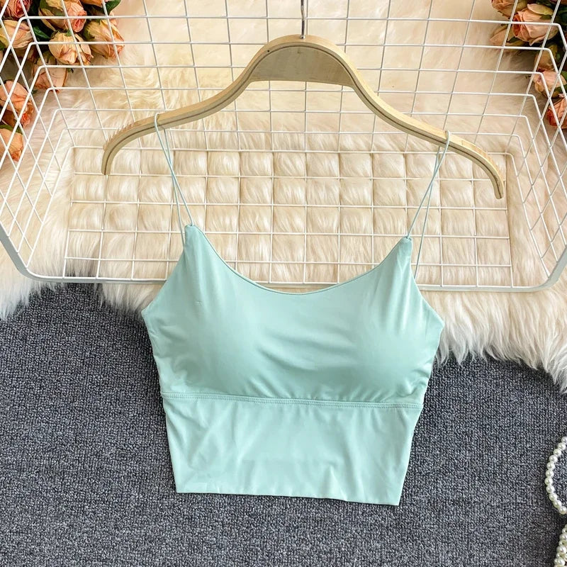 Women Crop Tops Sexy Solid Color Camisole Ice Silk Tube Top Seamless Sports Tank Top Wireless Underwear Padded Bra Bralette Vest Zen fit plus