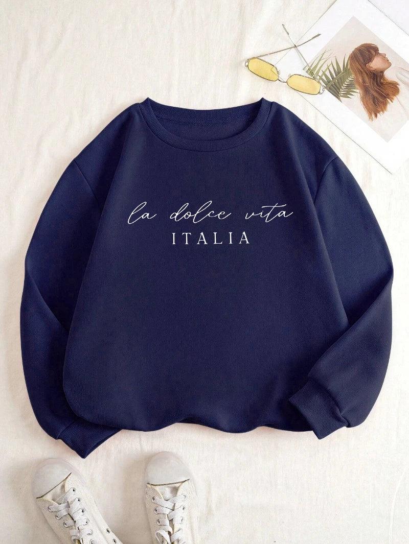 La Dolce Vita Italia Printed Womens Sweatshirt Crewneck Y2K Loose Clothing Multicolor Casual Pullover Fleece All-Match Top - Zen Fit Plus