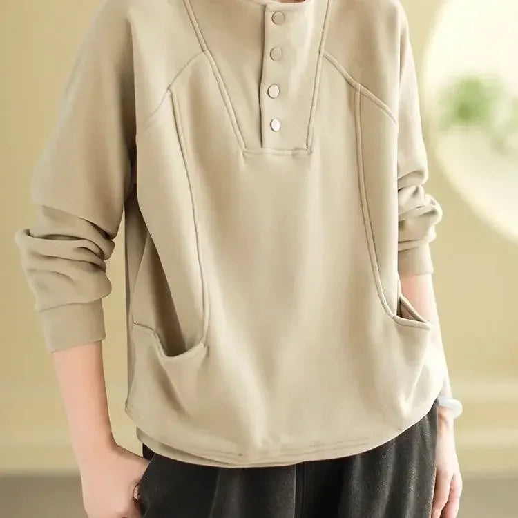 Warm Thermal Sweatshirt Women's Loose Cover-up Design Button Half High Collar Velvet Polyester Full Sleeve Casual Top - Zen Fit Plus