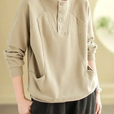 Warm Thermal Sweatshirt Women's Loose Cover-up Design Button Half High Collar Velvet Polyester Full Sleeve Casual Top - Zen Fit Plus