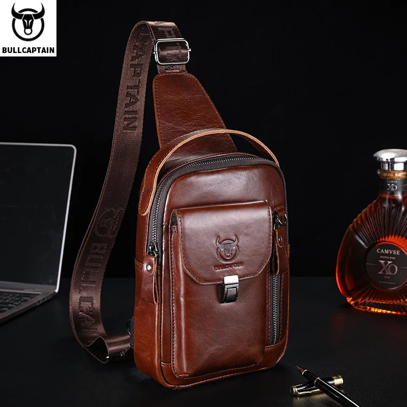 BULLCAPTAIN Men's Genuine Leather Chest Bag Casual Retro 7.9-inch Mobile Phone Bag Multifunctional Anti-Theft Crossbody Bag Zen fit plus
