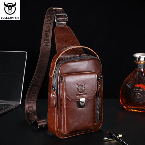 BULLCAPTAIN Men's Genuine Leather Chest Bag Casual Retro 7.9-inch Mobile Phone Bag Multifunctional Anti-Theft Crossbody Bag Zen fit plus