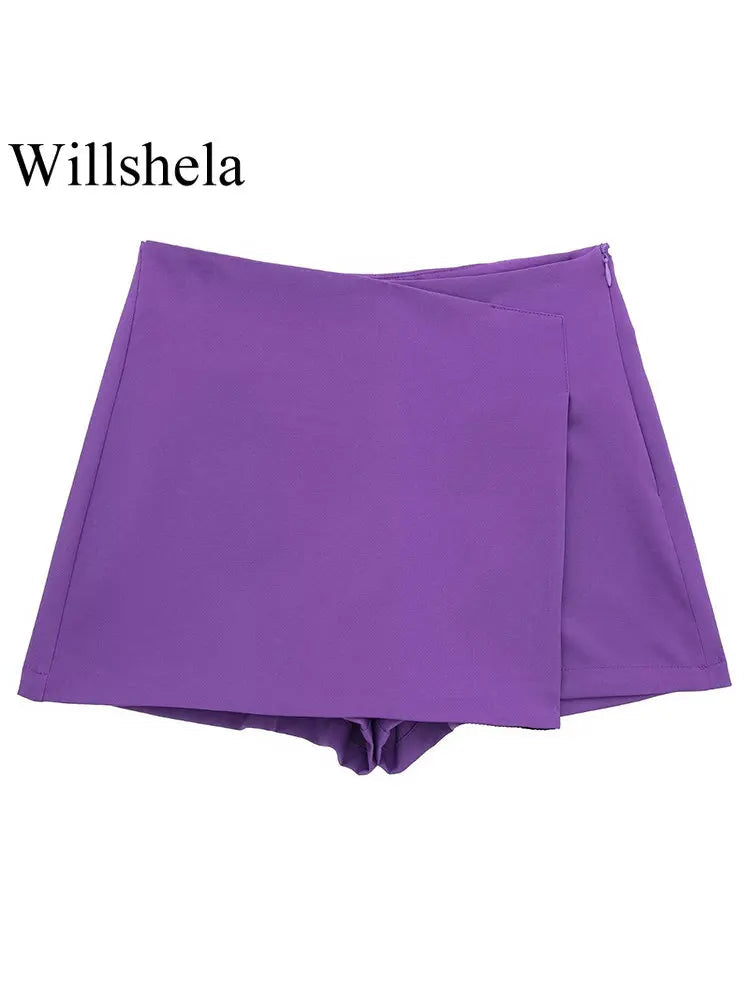 Willshela Women Fashion Solid Asymmetrical Side Zipper Skirts Shorts Vintage High Waist Female Chic Lady Shorts Zen fit plus