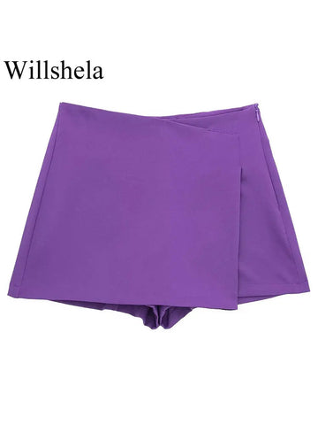Willshela Women Fashion Solid Asymmetrical Side Zipper Skirts Shorts Vintage High Waist Female Chic Lady Shorts Zen fit plus
