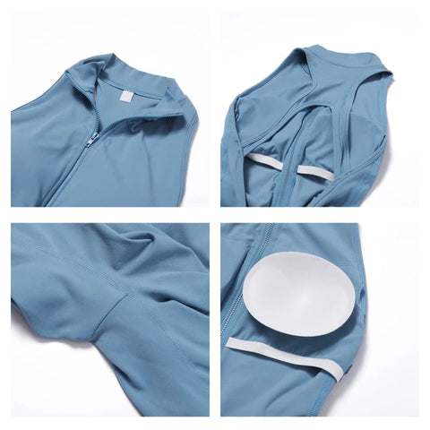 V Back One-piece Suit Women Sports Jumpsuit  Zippers Yoga Rompers Backless Sportswear Women Sleeveles Workout Bodysuits Female Zen fit plus