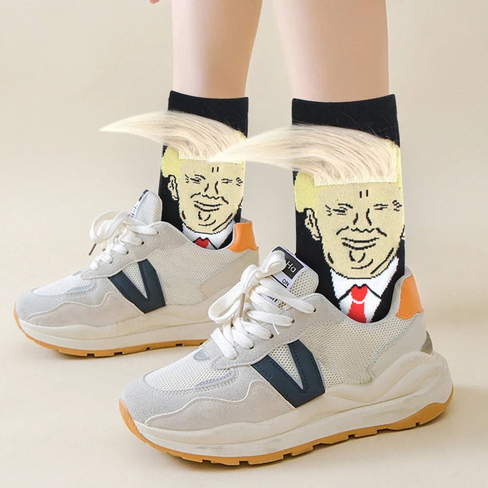 Socks Spoof Funny Donald Trump Socks With 3D Fake Hair Crew Socks Men Women Compression Socks Streetwear Hip Hop Sokken Homme Zen fit plus