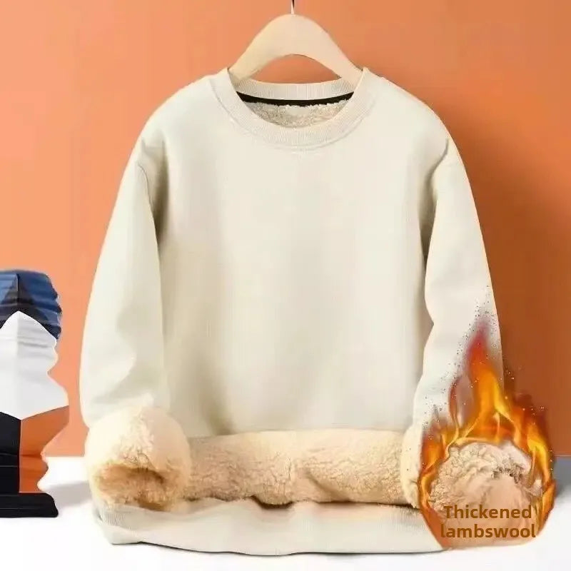 Men's Autumn Winter Thickened Fleece-Lined Round Neck Sweatshirt Casual Jacket Simple Solid Color Warm Protection Against Cold Zen Fit Plus