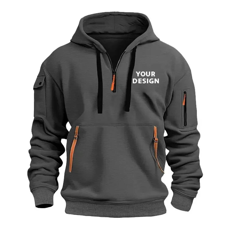 European New Men's Sports Zipper Arm Pocket Loose Casual Sweatshirt Customize Your Logo Dropped Shoulder Hooded Jacket Pullover - Zen Fit Plus