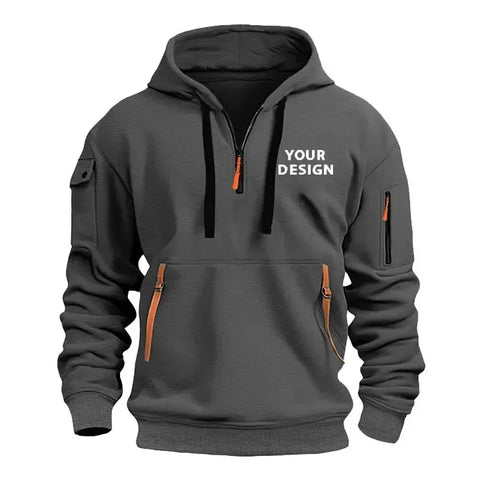 European New Men's Sports Zipper Arm Pocket Loose Casual Sweatshirt Customize Your Logo Dropped Shoulder Hooded Jacket Pullover - Zen Fit Plus