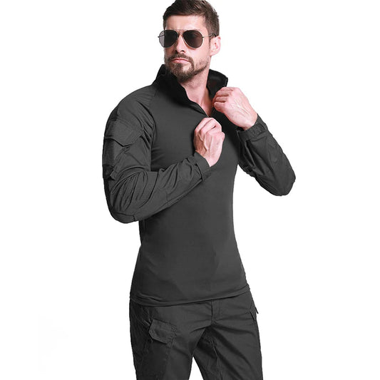 Men's Long Sleeve Combat Shirt 1/4 Zipper Ripstop Cotton Tactical Shirts Navy Blue Camoufalge Airsoft T Shirts Zen fit plus
