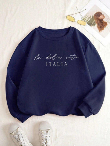 La Dolce Vita Italia Printed Womens Sweatshirt Crewneck Y2K Loose Clothing Multicolor Casual Pullover Fleece All-Match Top - Zen Fit Plus