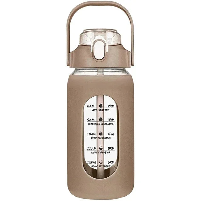 1000ML Glass Water Bottles With Straw, Glass Bottle With Silicone Sleeve And Time Marker, For Gym Camping Home Office Zen fit plus