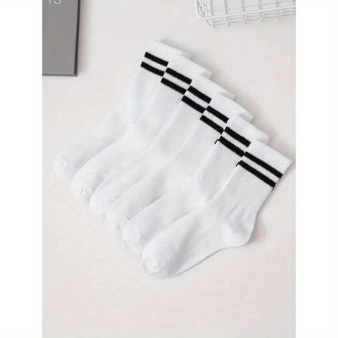6 Pairs High Tube Mid Length Stockings Set For Men in Solid Black And White With Parallel Bars Popular and Sweat Absorption Zen fit plus