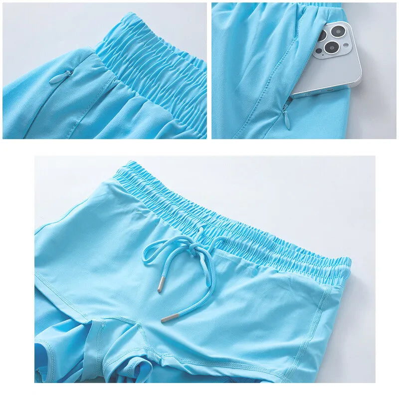 (S-2XL)2 in 1 Women Zipper Pocket Quick Dry Running Shorts 2 Layer Gym Yoga Fitness Badminton Tennis Training Sport Short Pants Zen fit plus