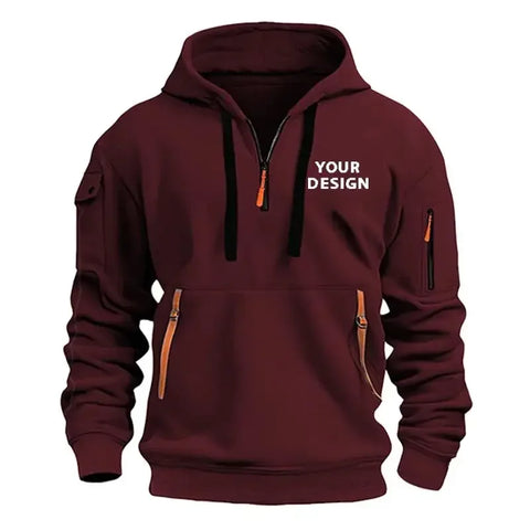European New Men's Sports Zipper Arm Pocket Loose Casual Sweatshirt Customize Your Logo Dropped Shoulder Hooded Jacket Pullover - Zen Fit Plus
