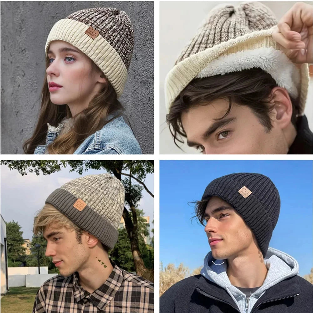New Unisex Two-Tone Winter Hats Add Fur Lined Men And Women Fashion Warm Beanie Cap Casual Winter Knitted Hats Zen Fit Plus