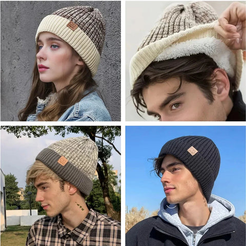 New Unisex Two-Tone Winter Hats Add Fur Lined Men And Women Fashion Warm Beanie Cap Casual Winter Knitted Hats Zen Fit Plus