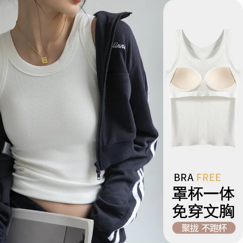 New Women Solid Round Neck Ribbed Tank Top Camisole Women Summer Basic Elastic TankTop One-piece Vest with Chest Pad Y2k Zen fit plus