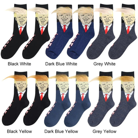 Socks Spoof Funny Donald Trump Socks With 3D Fake Hair Crew Socks Men Women Compression Socks Streetwear Hip Hop Sokken Homme Zen fit plus