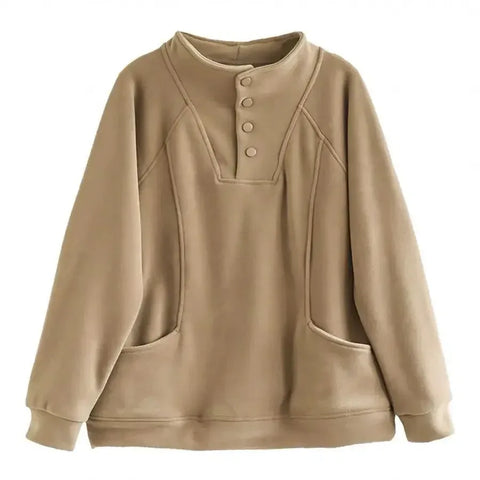 Warm Thermal Sweatshirt Women's Loose Cover-up Design Button Half High Collar Velvet Polyester Full Sleeve Casual Top - Zen Fit Plus