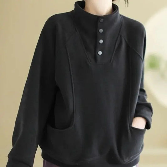 Warm Thermal Sweatshirt Women's Loose Cover-up Design Button Half High Collar Velvet Polyester Full Sleeve Casual Top Zen Fit Plus