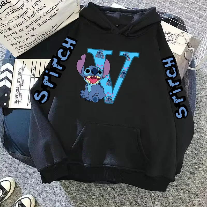 2024 Women's Winter Jacket Cute Kawaii Disney Lilo & Stitch Lucky Letter Print Black Hoodie Fashion Couple Streetwear Sportswear Zen fit plus