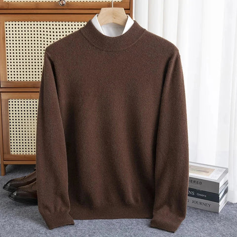 New Fashion Men's 100% Wool Pullover Half-high Collar Sweater Autumn Winter Warm Solid Color Knit Sweater Business Casual Top Zen Fit Plus