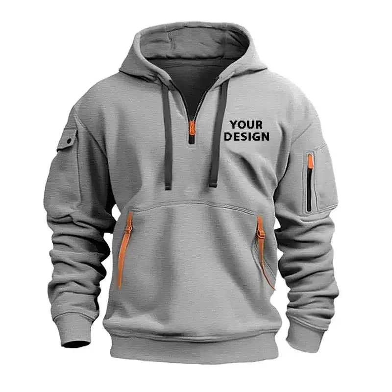 European New Men's Sports Zipper Arm Pocket Loose Casual Sweatshirt Customize Your Logo Dropped Shoulder Hooded Jacket Pullover - Zen Fit Plus