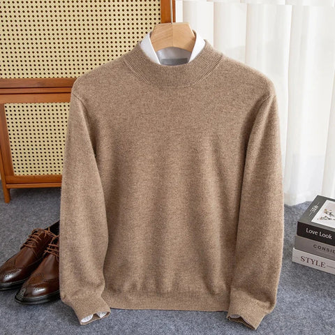 New Fashion Men's 100% Wool Pullover Half-high Collar Sweater Autumn Winter Warm Solid Color Knit Sweater Business Casual Top Zen Fit Plus