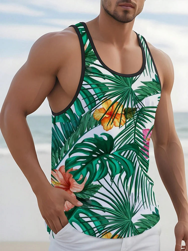 2024 New Summer Casual Men's Sleeveless T-shirt Hawaiian Style Men's Fashion Crew Neck Tank Top Outdoor Beach Men's Tank Top Zen fit plus