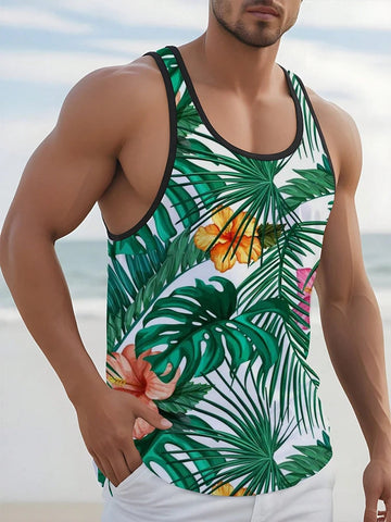 2024 New Summer Casual Men's Sleeveless T-shirt Hawaiian Style Men's Fashion Crew Neck Tank Top Outdoor Beach Men's Tank Top Zen fit plus