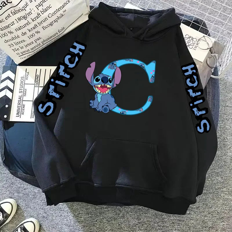 2024 Women's Winter Jacket Cute Kawaii Disney Lilo & Stitch Lucky Letter Print Black Hoodie Fashion Couple Streetwear Sportswear Zen fit plus