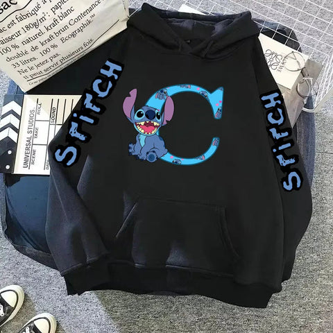 2024 Women's Winter Jacket Cute Kawaii Disney Lilo & Stitch Lucky Letter Print Black Hoodie Fashion Couple Streetwear Sportswear Zen fit plus