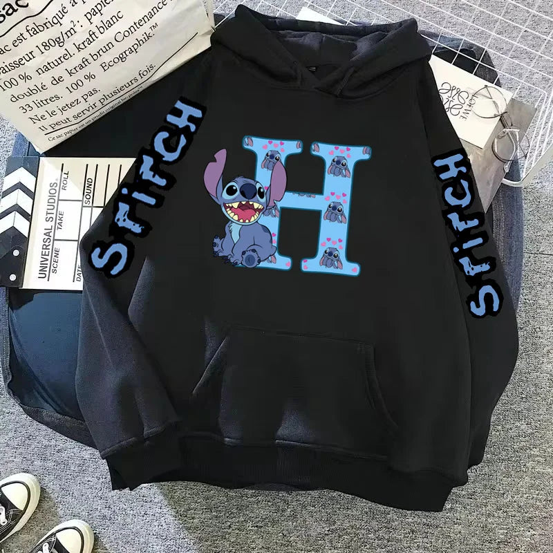 2024 Women's Winter Jacket Cute Kawaii Disney Lilo & Stitch Lucky Letter Print Black Hoodie Fashion Couple Streetwear Sportswear Zen fit plus