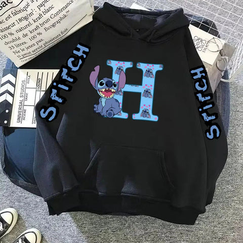 2024 Women's Winter Jacket Cute Kawaii Disney Lilo & Stitch Lucky Letter Print Black Hoodie Fashion Couple Streetwear Sportswear Zen fit plus