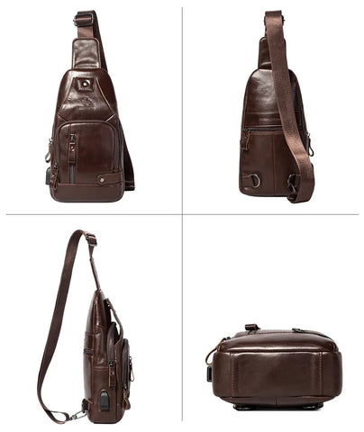 HUMERPAUL Men's Usb Chest Bag 100% Genuine Leather Crossbody Shoulder Bags Multifunction Travel Outdoor Messenger Pack Fashion - Zen Fit Plus