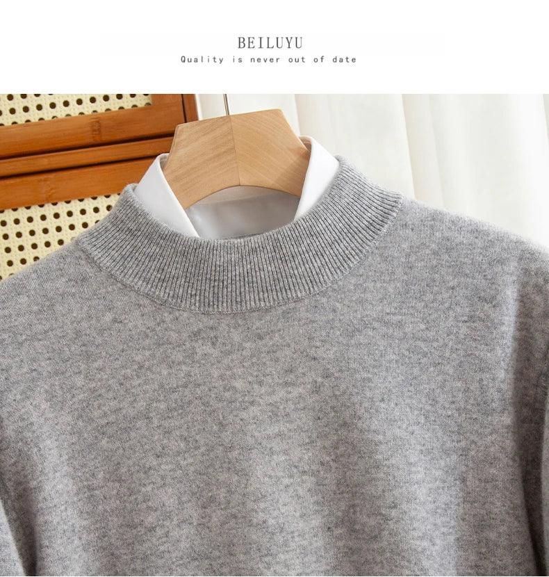 New Fashion Men's 100% Wool Pullover Half-high Collar Sweater Autumn Winter Warm Solid Color Knit Sweater Business Casual Top - Zen Fit Plus