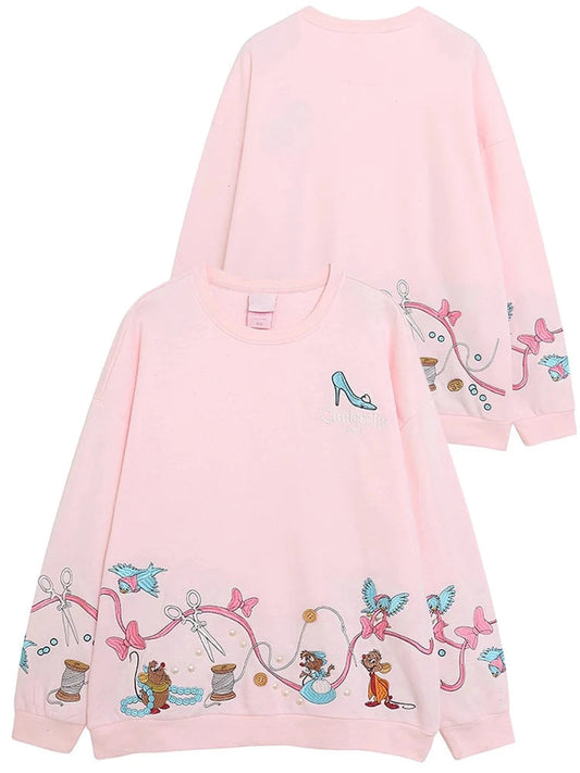 Disney Cinderella Princess Mickey Mouse Letter Cartoon Print Embroidery Fleece Sweatshirt Sweet Women O-Neck Pullover Jumper Top Zen Fit Plus