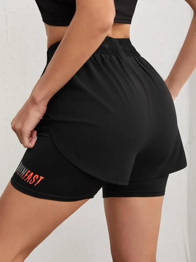 Women's High Rise Yoga Shorts With Elastic Proximity Control Running Shorts, Fake Two Pieces Pants - Zen Fit Plus