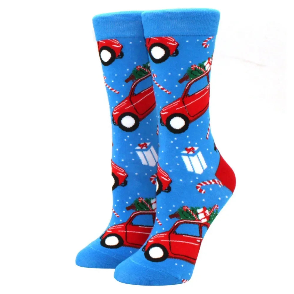 1 pair of Christmas tree, old man and reindeer fashion trend ladies Christmas medium cotton socks - Zen Fit Plus