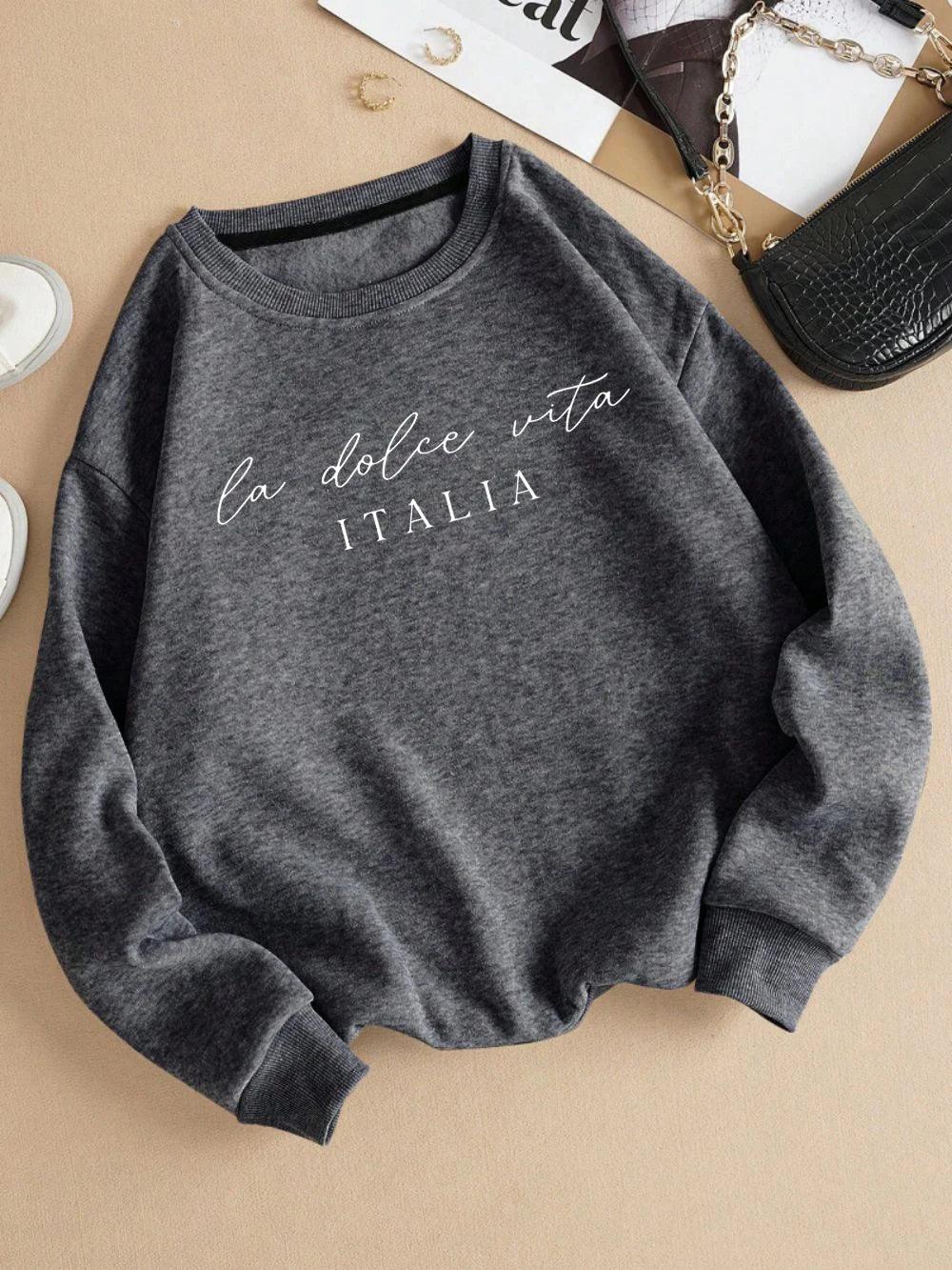 La Dolce Vita Italia Printed Womens Sweatshirt Crewneck Y2K Loose Clothing Multicolor Casual Pullover Fleece All-Match Top - Zen Fit Plus