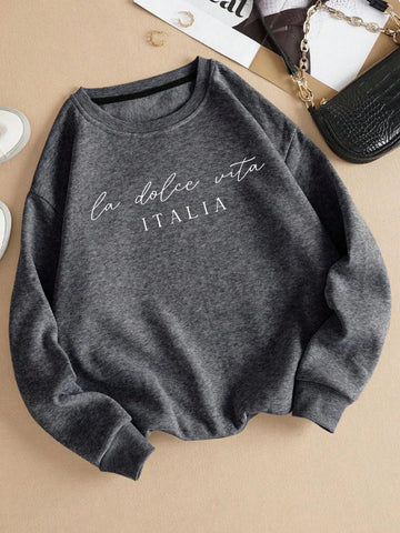 La Dolce Vita Italia Printed Womens Sweatshirt Crewneck Y2K Loose Clothing Multicolor Casual Pullover Fleece All-Match Top - Zen Fit Plus