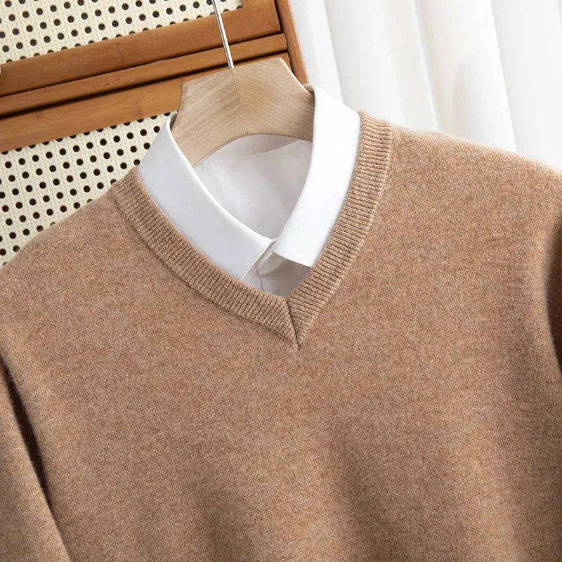 Men 100% Merino Wool Sweater V-Neck Pullover Autumn Winter Cashmere Warm Solid Knitwear Clothes Business Bottoming Soft Tops Zen Fit Plus