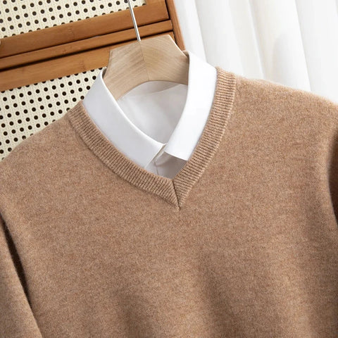 Men 100% Merino Wool Sweater V-Neck Pullover Autumn Winter Cashmere Warm Solid Knitwear Clothes Business Bottoming Soft Tops Zen Fit Plus