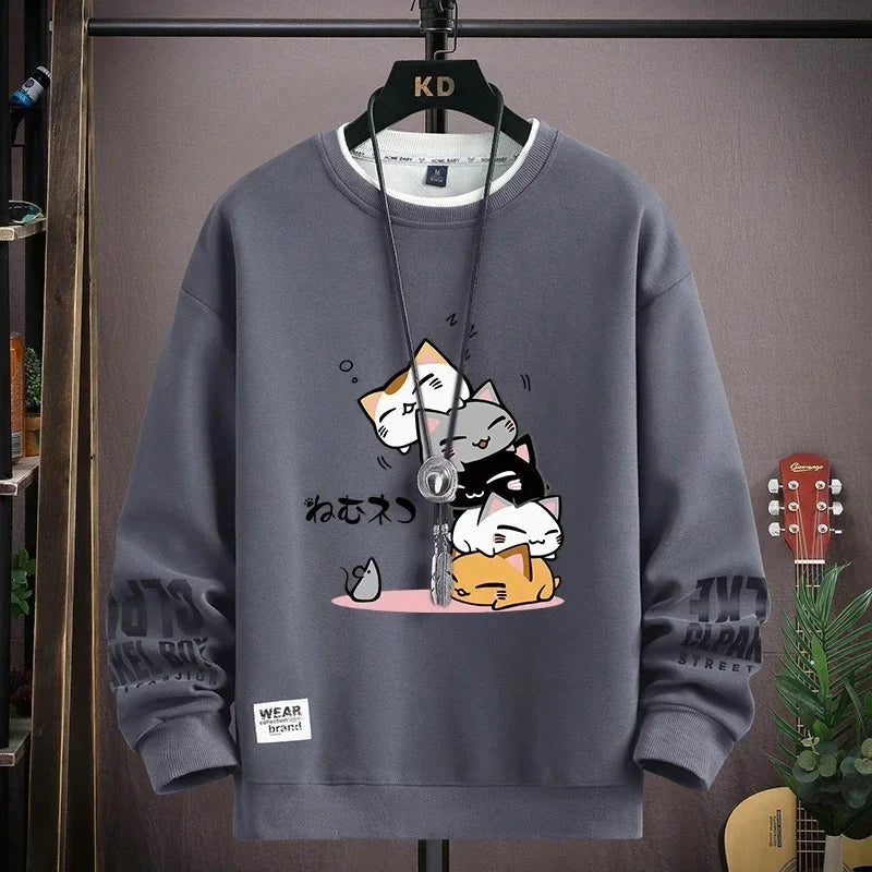 Spring Men's Sweatshirt Japan Cartoon Cats Printed Long Sleeve T-shirt Fashion Men's Clothing Khaki O Neck Harajuku Top 2024 New Zen Fit Plus