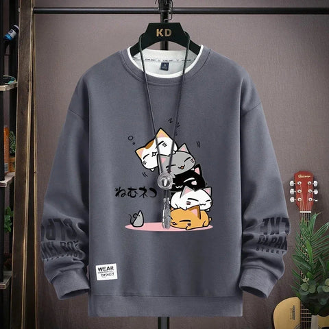 Spring Men's Sweatshirt Japan Cartoon Cats Printed Long Sleeve T-shirt Fashion Men's Clothing Khaki O Neck Harajuku Top 2024 New Zen Fit Plus