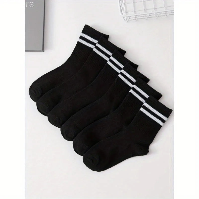 6 Pairs High Tube Mid Length Stockings Set For Men in Solid Black And White With Parallel Bars Popular and Sweat Absorption Zen fit plus