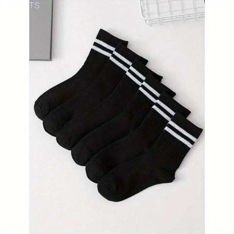 6 Pairs High Tube Mid Length Stockings Set For Men in Solid Black And White With Parallel Bars Popular and Sweat Absorption Zen fit plus