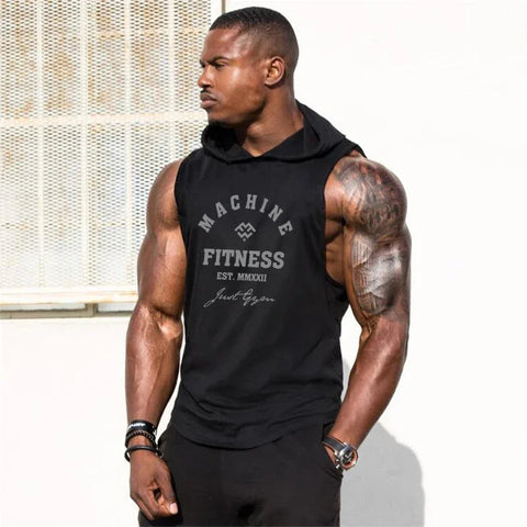 MACHINE FITNESS Mens Gym Hooded Tank Top Cotton Bodybuilding Clothing Summer Muscle Fit Sleeveless Hoodies Shirt Sports Singlets Zen fit plus
